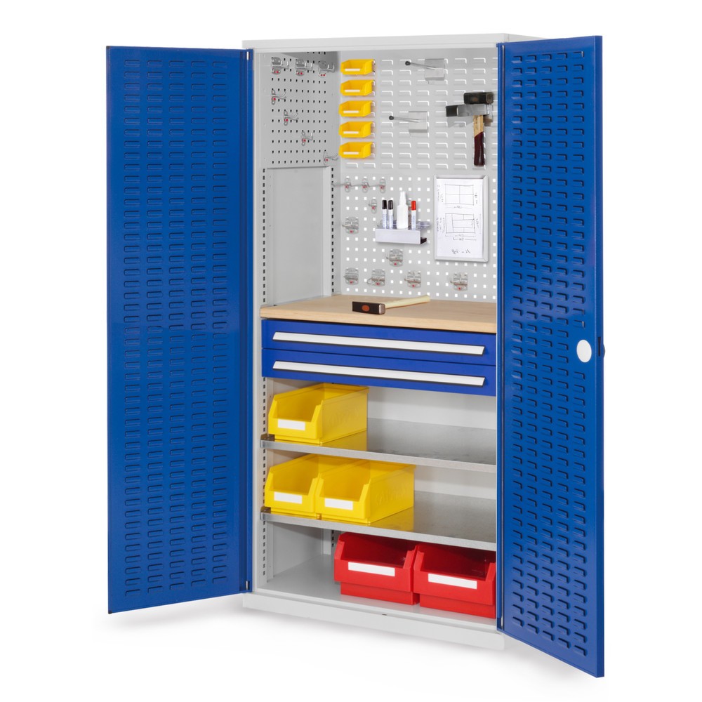 Produktabbildung: Kappes ®RasterPlan Schubladenschrank mit Werkbankplatte Multiplex, HxBxT 1.950 x 1.000 x 600 mm, 2 Fachböden, 2 Schubladen, Türinnenseite: Schlitzplatten, lichtgrau, enzianblau