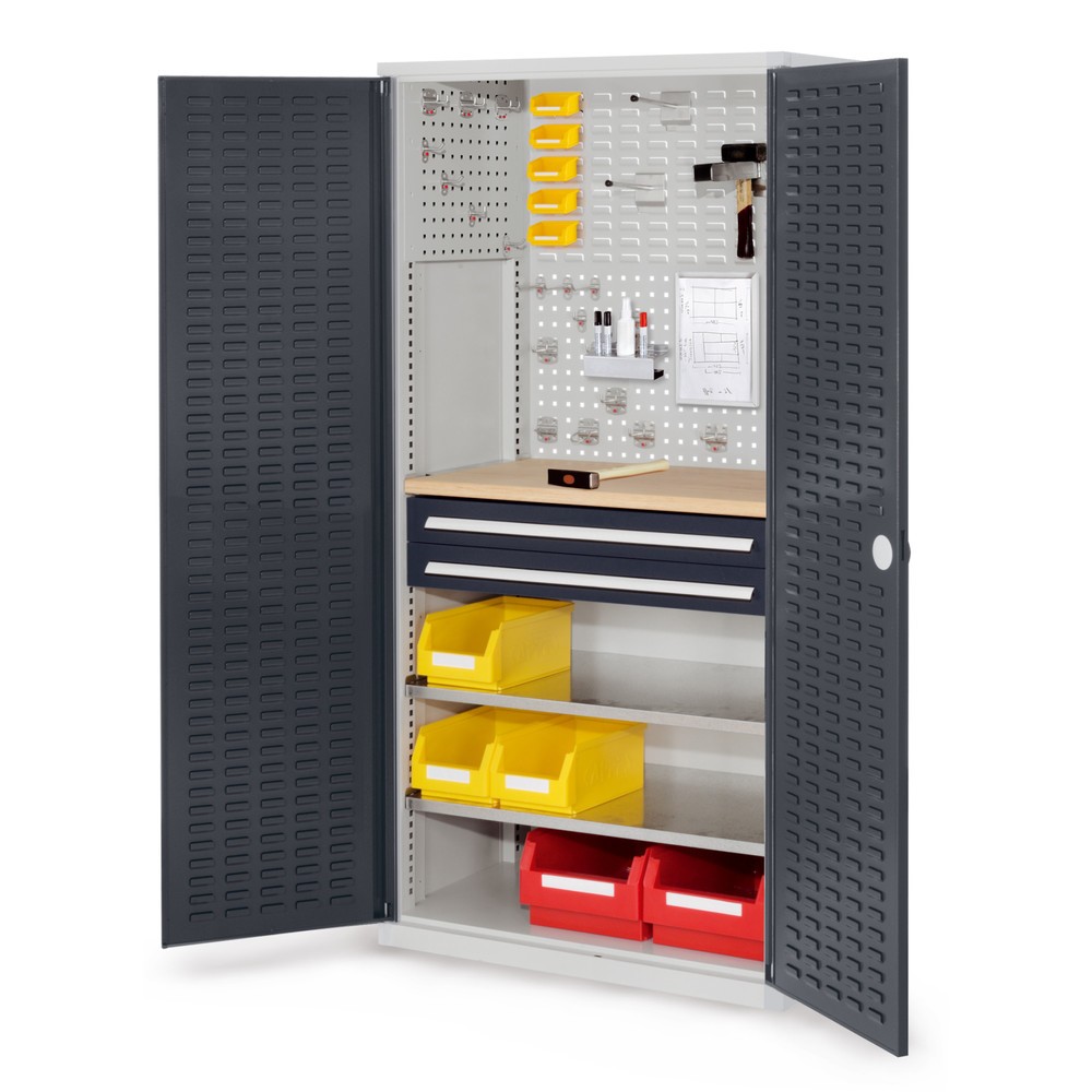 Produktabbildung: Kappes ®RasterPlan Schubladenschrank mit Werkbankplatte Multiplex, HxBxT 1.950 x 1.000 x 600 mm, 2 Fachböden, 2 Schubladen, Türinnenseite: Schlitzplatten, lichtgrau, anthrazitgrau