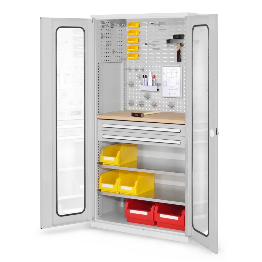 Produktabbildung: Kappes ®RasterPlan Schubladenschrank mit Werkbankplatte Multiplex, HxBxT 1.950 x 1.000 x 600 mm, 2 Fachböden, 2 Schubladen, Sichtfenstertür, lichtgrau