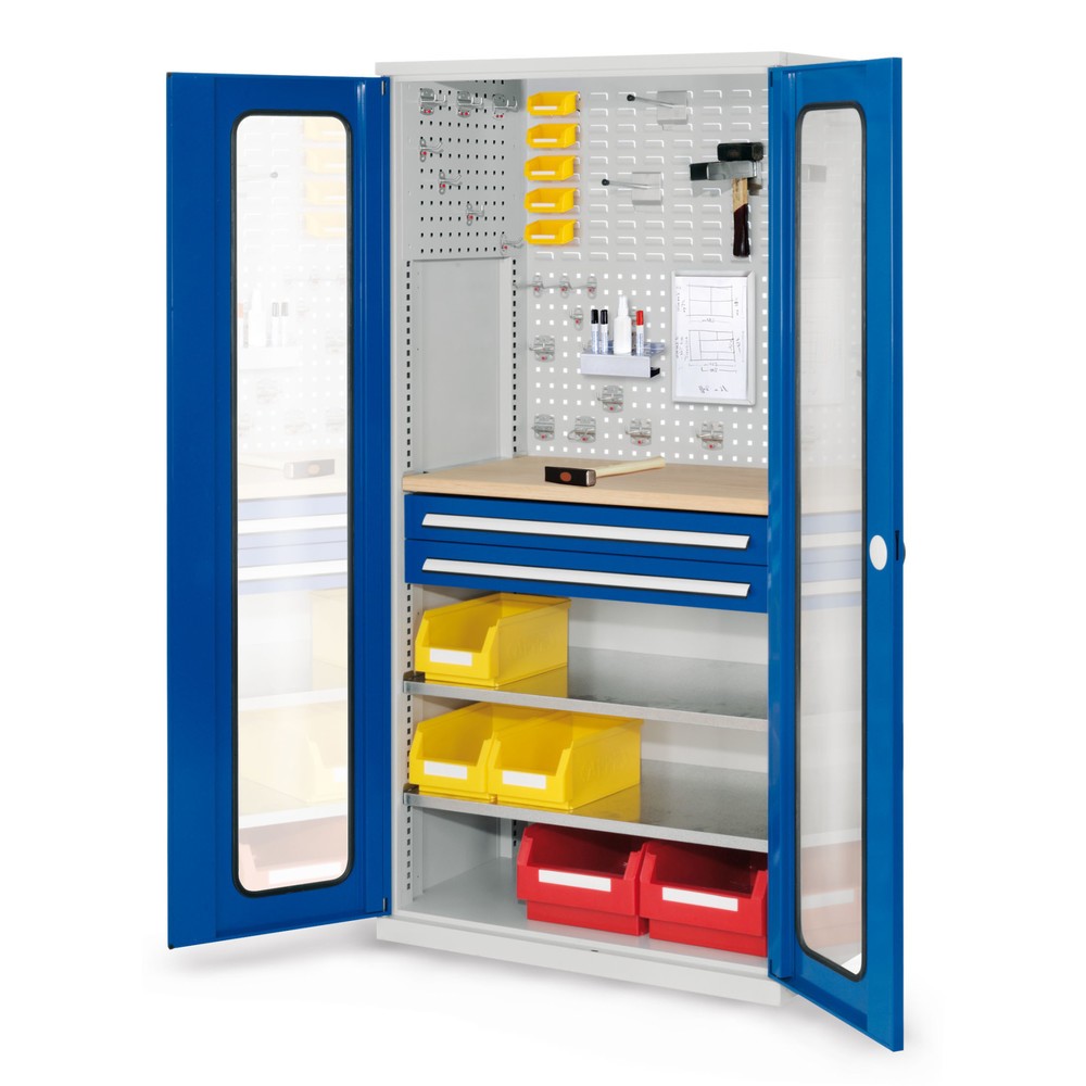 Produktabbildung: Kappes ®RasterPlan Schubladenschrank mit Werkbankplatte Multiplex, HxBxT 1.950 x 1.000 x 600 mm, 2 Fachböden, 2 Schubladen, Sichtfenstertür, lichtgrau, enzianblau