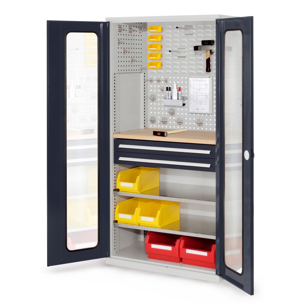 Produktabbildung: Kappes ®RasterPlan Schubladenschrank mit Werkbankplatte Multiplex, HxBxT 1.950 x 1.000 x 600 mm, 2 Fachböden, 2 Schubladen, Sichtfenstertür, lichtgrau, anthrazitgrau