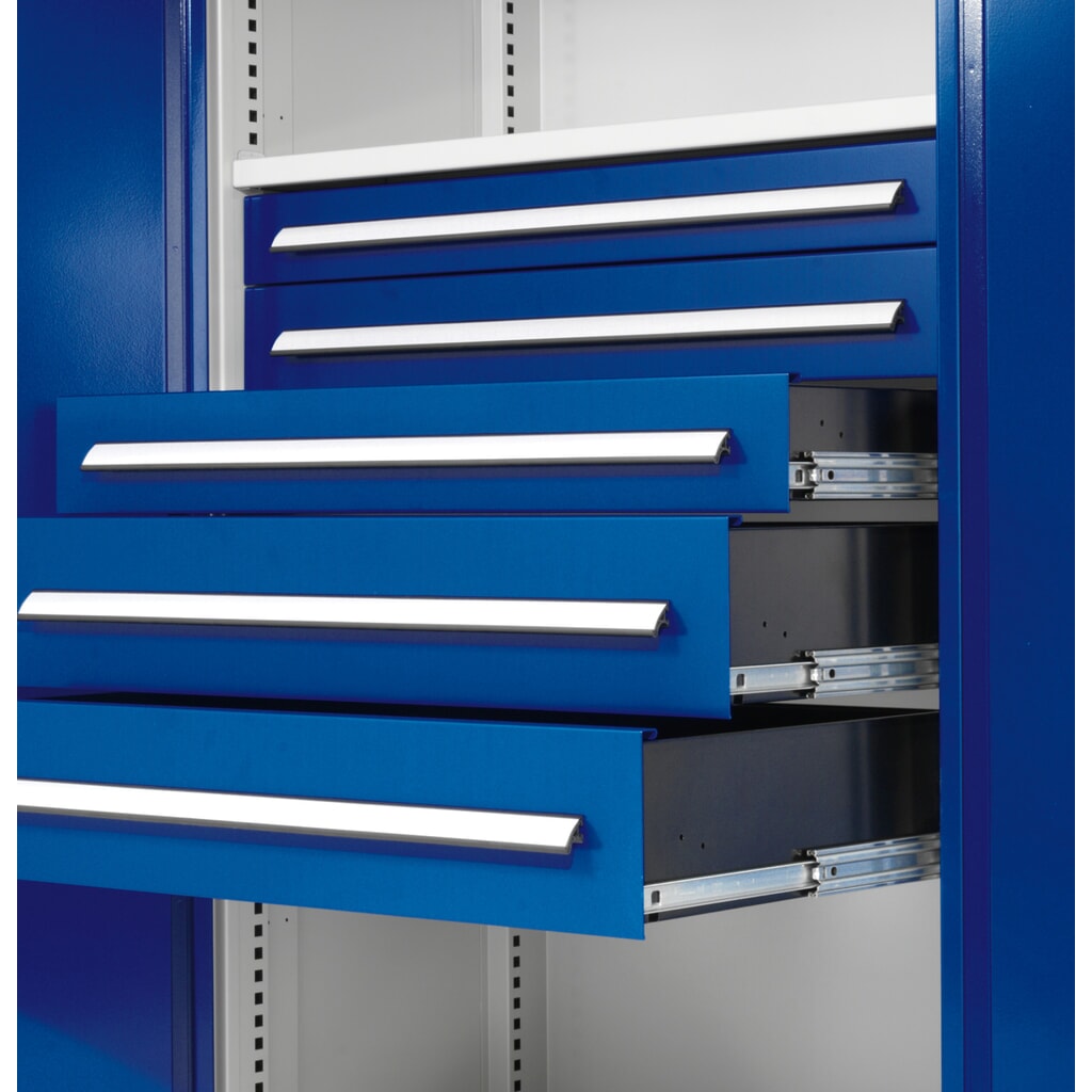 Kappes RasterPlan Schubladenschrank mit Werkbankplatte Multiplex, HxBxT 1.950 x 1.000 x 600 mm, 2 Fachböden, 2 Schubladen, Türinnenseite: Lochplatten, lichtgrau, enzianblau Produktabbildung Nr. 2: Kappes RasterPlan Schubladenschrank mit Werkbankplatte Multiplex, HxBxT 1.950 x 1.000 x 600 mm, 2 Fachböden, 2 Schubladen, Türinnenseite: Lochplatten, lichtgrau, enzianblau