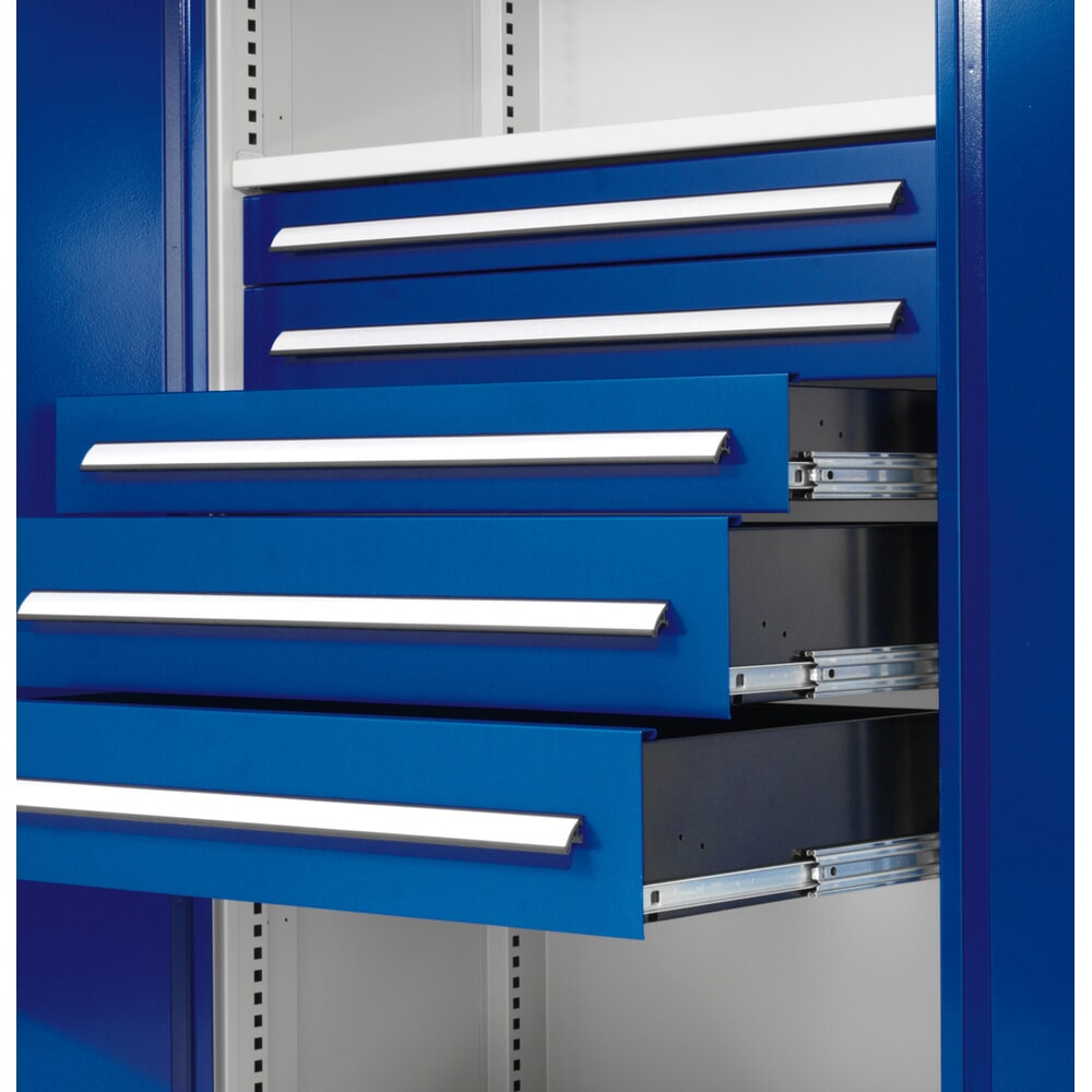 Produktabbildung Nr. 2: Kappes ®RasterPlan Schubladenschrank mit Werkbankplatte Multiplex, HxBxT 1.950 x 1.000 x 600 mm, 2 Fachböden, 2 Schubladen, Sichtfenstertür, lichtgrau, enzianblau