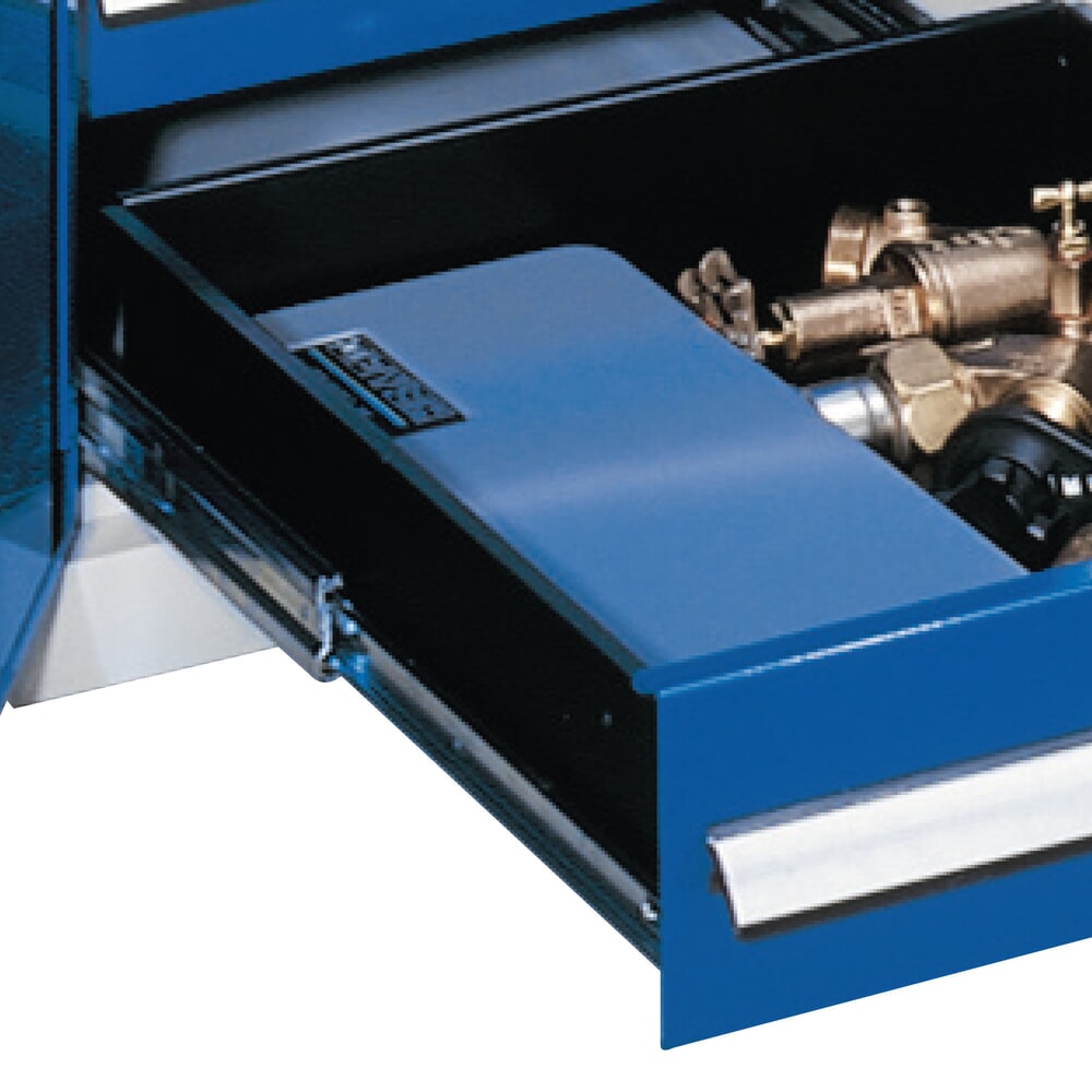 Produktabbildung Nr. 3: Kappes ®RasterPlan Schubladenschrank mit Werkbankplatte Multiplex, HxBxT 1.950 x 1.000 x 600 mm, 2 Fachböden, 2 Schubladen, Türinnenseite: Lochplatten, lichtgrau, enzianblau