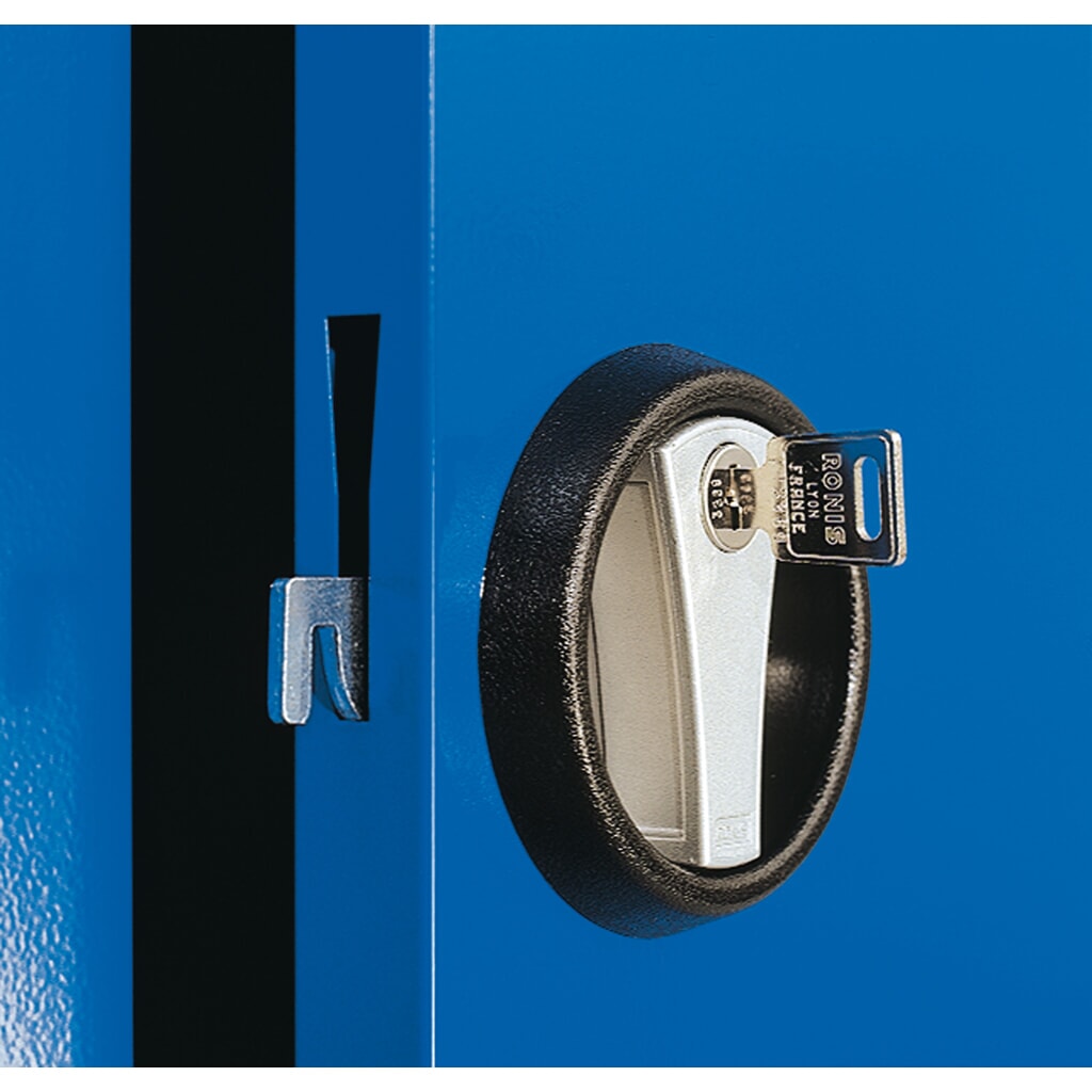 Kappes RasterPlan Schubladenschrank mit Werkbankplatte Multiplex, HxBxT 1.950 x 1.000 x 600 mm, 2 Fachböden, 2 Schubladen, Türinnenseite: Lochplatten, lichtgrau, enzianblau Produktabbildung Nr. 5: Kappes RasterPlan Schubladenschrank mit Werkbankplatte Multiplex, HxBxT 1.950 x 1.000 x 600 mm, 2 Fachböden, 2 Schubladen, Türinnenseite: Lochplatten, lichtgrau, enzianblau