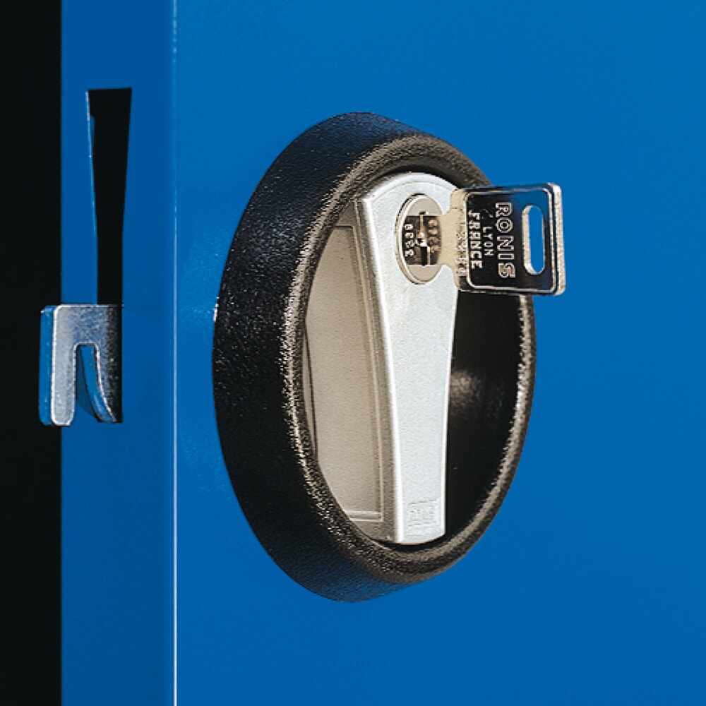 Produktabbildung Nr. 9: Kappes ®RasterPlan Schubladenschrank mit Werkbankplatte Multiplex, HxBxT 1.950 x 1.000 x 600 mm, 2 Fachböden, 2 Schubladen, Sichtfenstertür, lichtgrau, enzianblau
