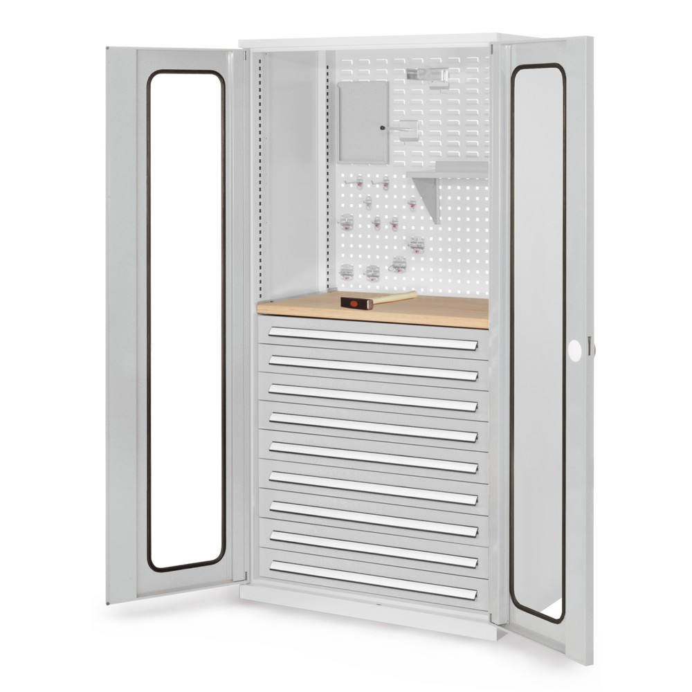 Produktabbildung: Kappes ®RasterPlan Schubladenschrank mit Werkbankplatte Multiplex, HxBxT 1.950 x 1.000 x 600 mm, Sichtfenstertür, 9 Schubladen, lichtgrau