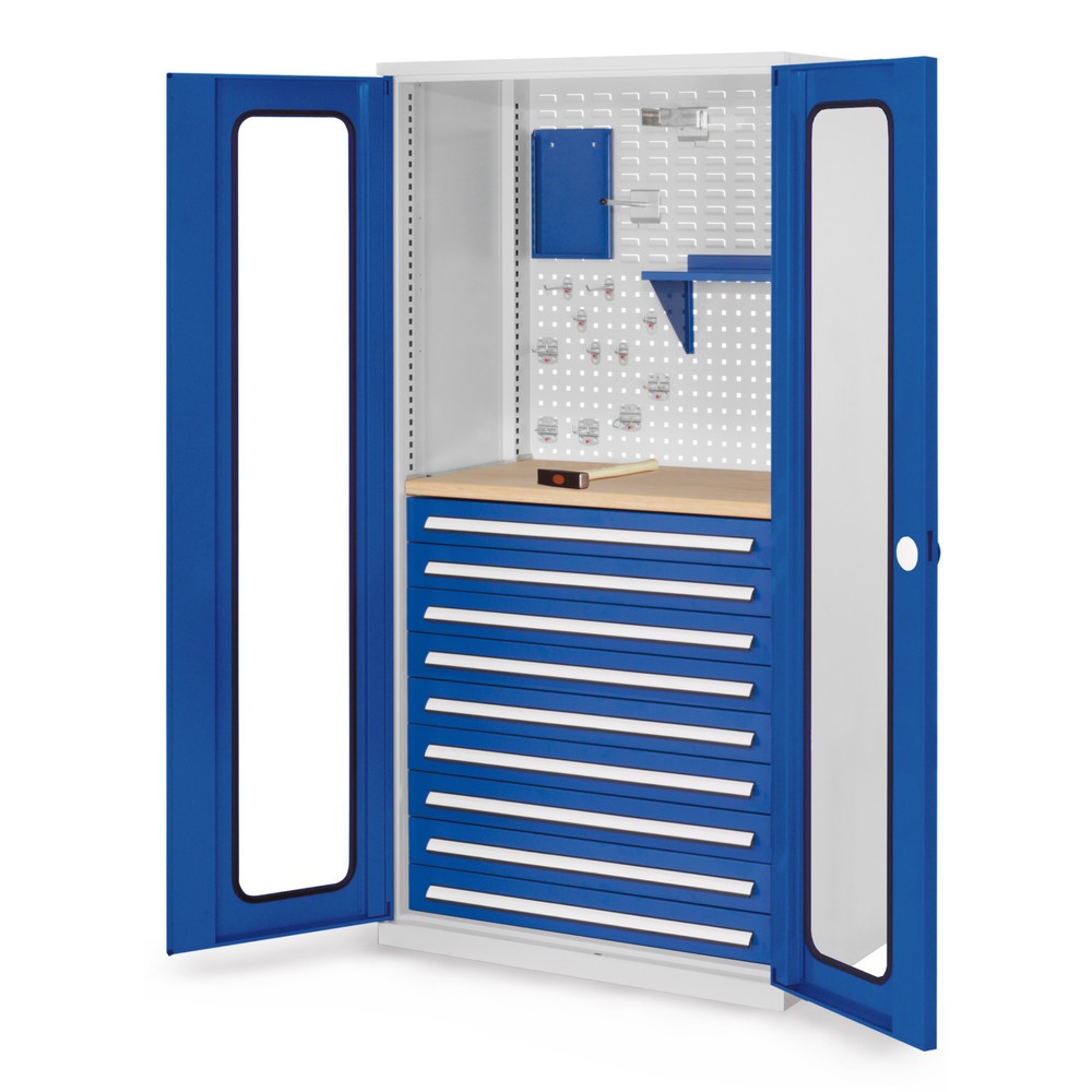 Produktabbildung: Kappes ®RasterPlan Schubladenschrank mit Werkbankplatte Multiplex, HxBxT 1.950 x 1.000 x 600 mm, Sichtfenstertür, 9 Schubladen, lichtgrau, enzianblau