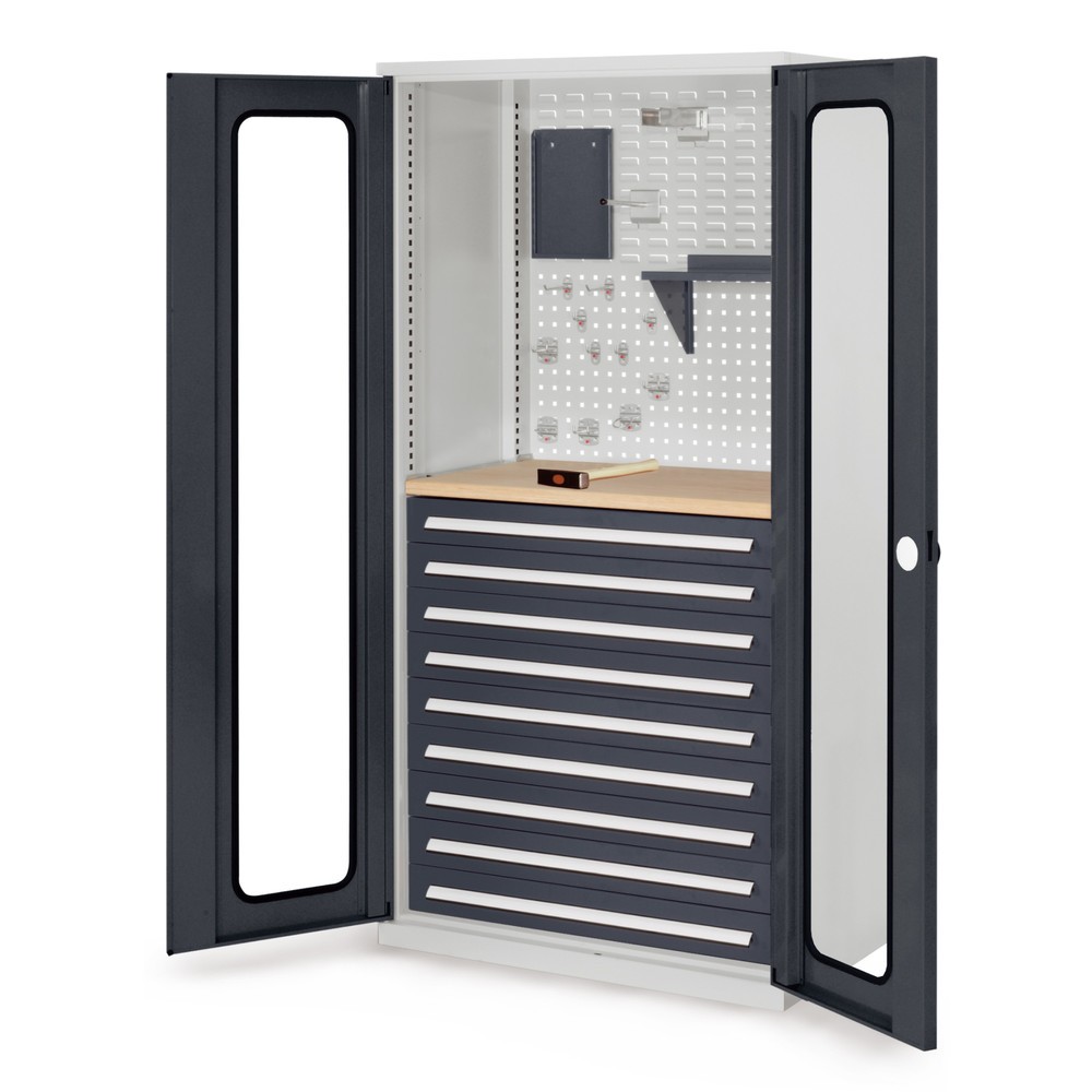 Produktabbildung: Kappes ®RasterPlan Schubladenschrank mit Werkbankplatte Multiplex, HxBxT 1.950 x 1.000 x 600 mm, Sichtfenstertür, 9 Schubladen, lichtgrau, anthrazitgrau
