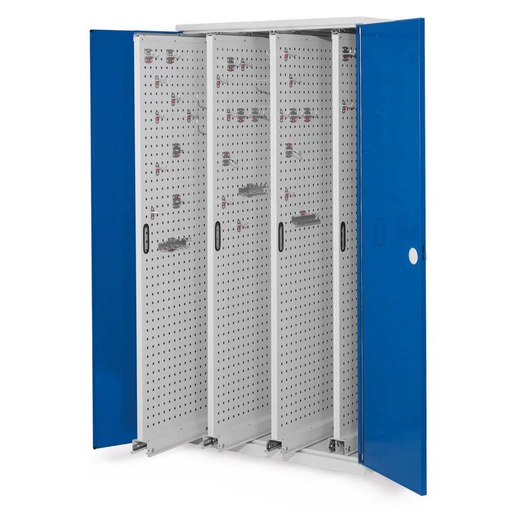 Produktabbildung: Kappes ®RasterPlan Vertikalschrank, HxBxT 1.950 x 1.000 x 600 mm, 4 Auszüge mit Lochplatten, Doppelwandtür, lichtgrau, enzianblau