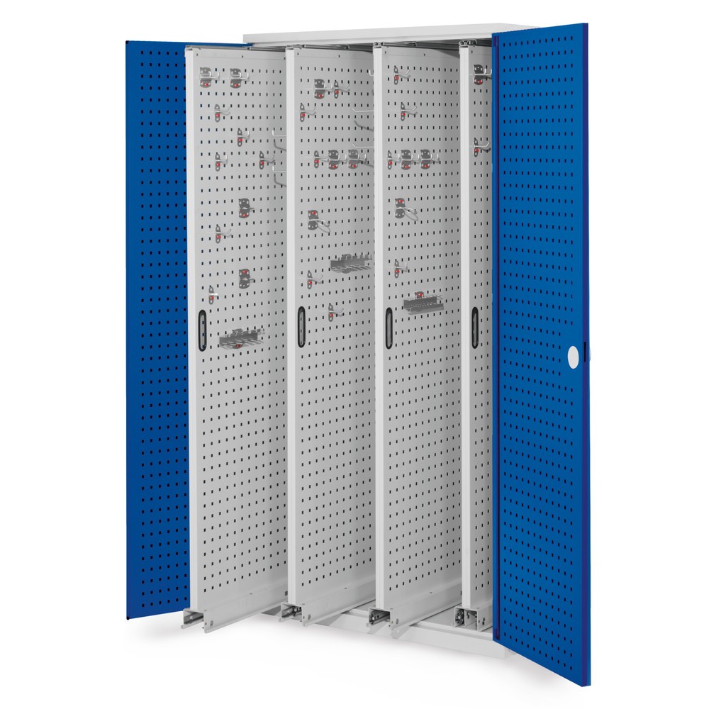 Produktabbildung: Kappes ®RasterPlan Vertikalschrank, HxBxT 1.950 x 1.000 x 600 mm, 4 Auszüge mit Lochplatten, Lochplattentür, lichtgrau, enzianblau
