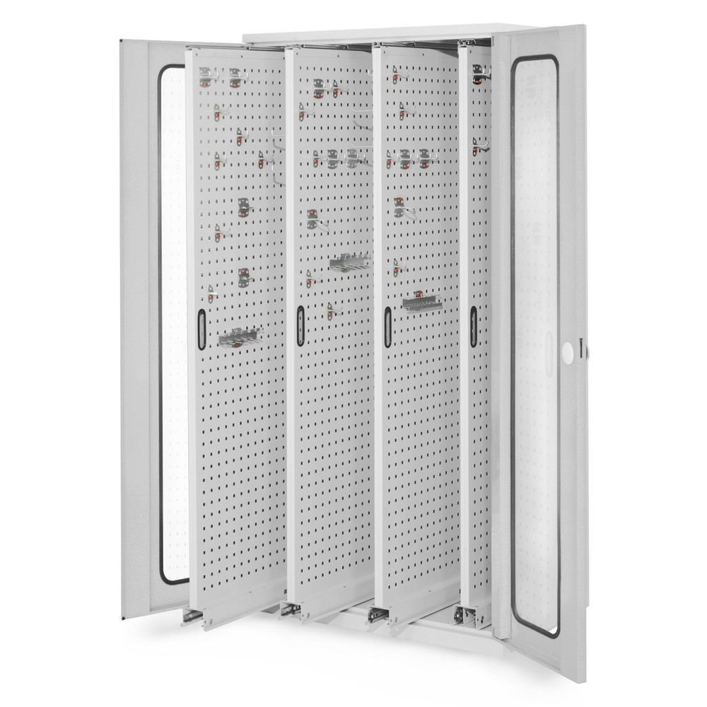 Produktabbildung: Kappes ®RasterPlan Vertikalschrank, HxBxT 1.950 x 1.000 x 600 mm, 4 Auszüge mit Lochplatten, Sichtfenstertür, lichtgrau