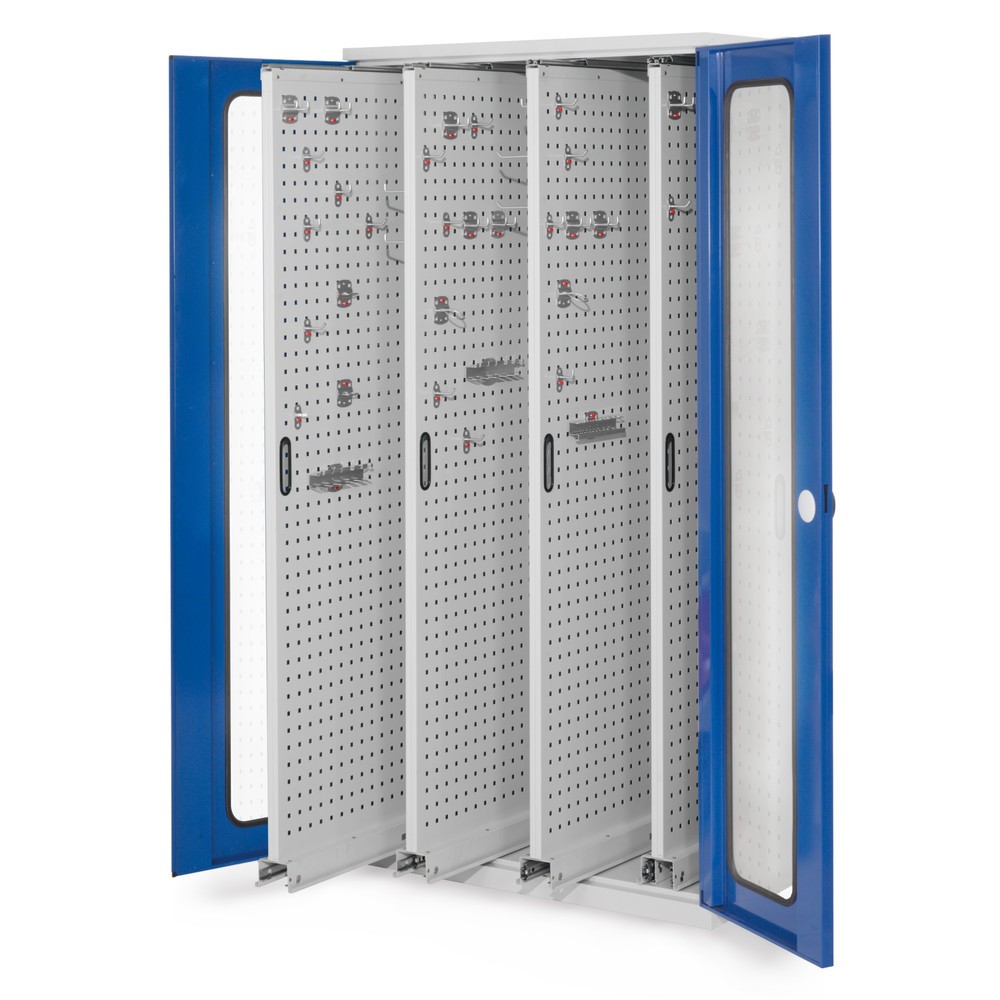 Produktabbildung: Kappes ®RasterPlan Vertikalschrank, HxBxT 1.950 x 1.000 x 600 mm, 4 Auszüge mit Lochplatten, Sichtfenstertür, lichtgrau, enzianblau