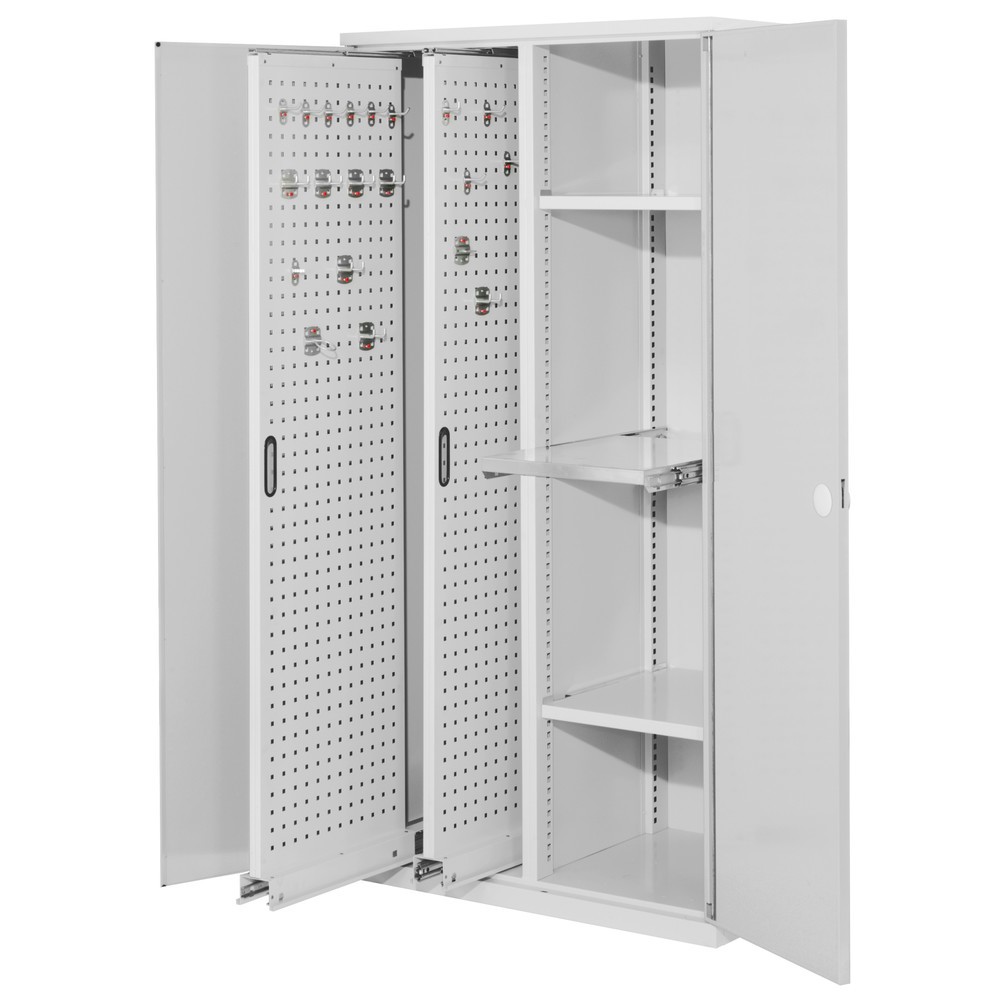 Produktabbildung: Kappes ®RasterPlan Vertikalschrank mit 2 Fachböden, HxBxT 1.950 x 1.000 x 600 mm, 2 Auszüge mit Lochplatten, Doppelwandtür, lichtgrau