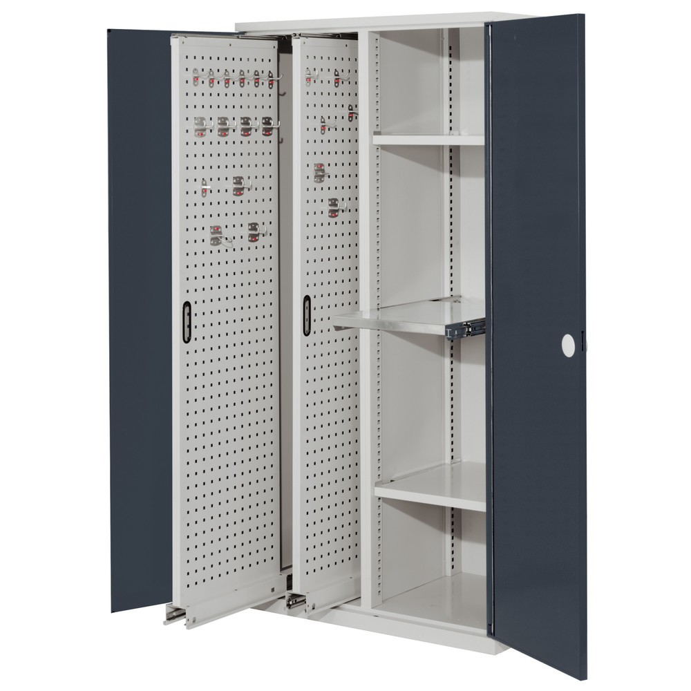 Produktabbildung: Kappes ®RasterPlan Vertikalschrank mit 2 Fachböden, HxBxT 1.950 x 1.000 x 600 mm, 2 Auszüge mit Lochplatten, Doppelwandtür, lichtgrau, anthrazitgrau