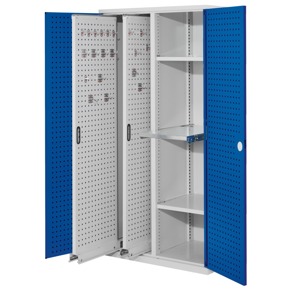 Produktabbildung: Kappes ®RasterPlan Vertikalschrank mit 2 Fachböden, HxBxT 1.950 x 1.000 x 600 mm, 2 Auszüge mit Lochplatten,  Lochplattentüren, lichtgrau, enzianblau