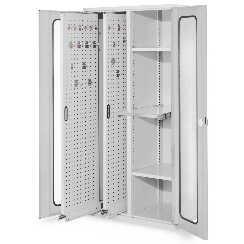 Produktabbildung: Kappes ®RasterPlan Vertikalschrank mit 2 Fachböden, HxBxT 1.950 x 1.000 x 600 mm, 2 Auszüge mit Lochplatten, Sichtfenstertür, lichtgrau