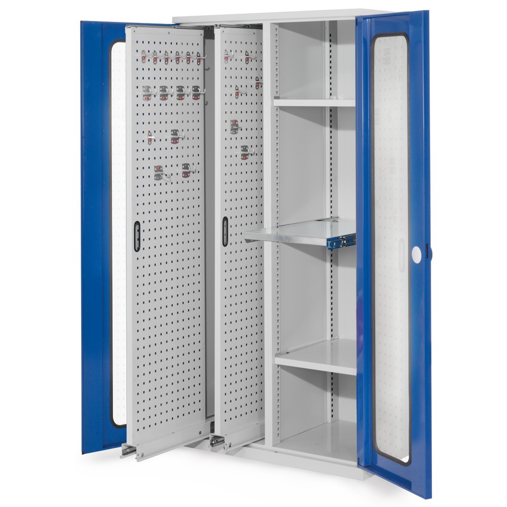 Produktabbildung: Kappes ®RasterPlan Vertikalschrank mit 2 Fachböden, HxBxT 1.950 x 1.000 x 600 mm, 2 Auszüge mit Lochplatten, Sichtfenstertür, lichtgrau, enzianblau