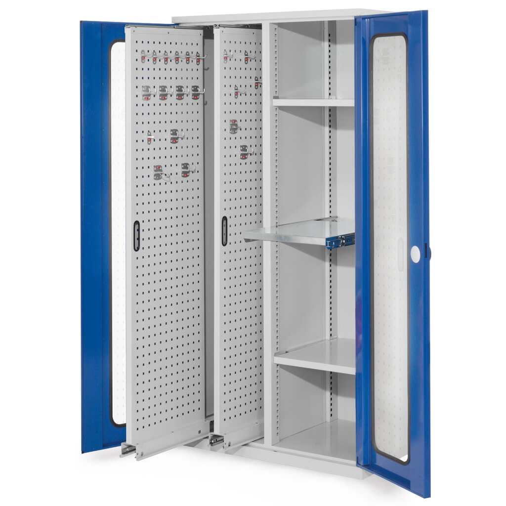 Produktabbildung Nr. 1: Kappes RasterPlan Vertikalschrank mit 2 Fachböden, HxBxT 1.950 x 1.000 x 600 mm, 2 Auszüge mit Lochplatten, Sichtfenstertür, lichtgrau, enzianblau