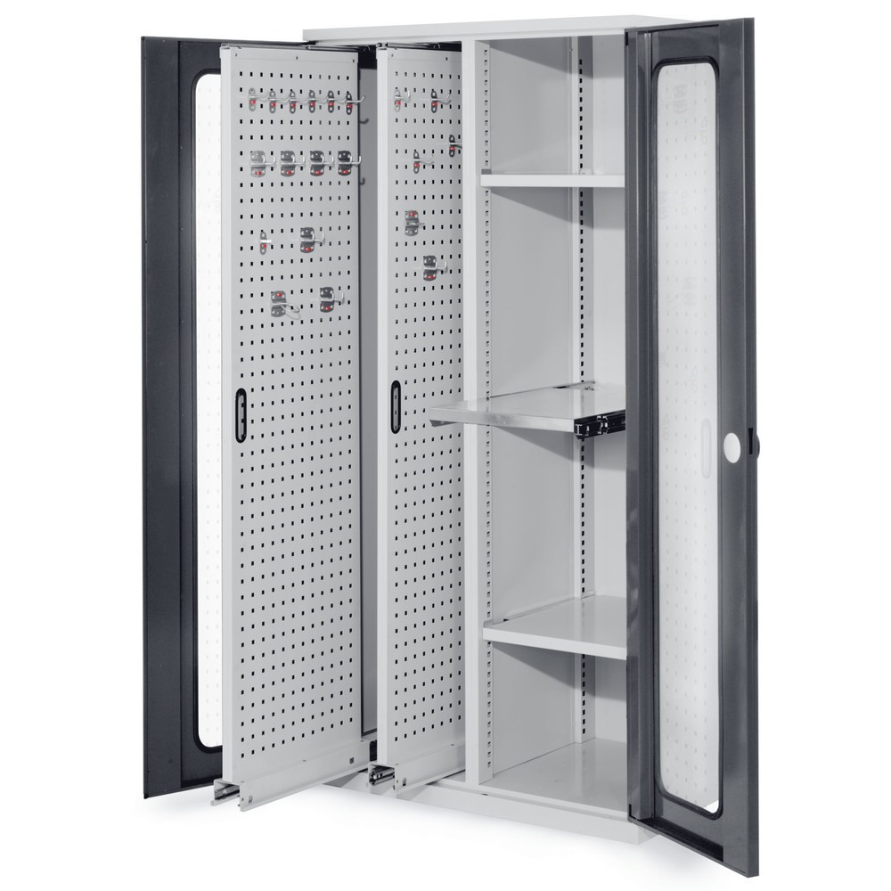 Produktabbildung: Kappes ®RasterPlan Vertikalschrank mit 2 Fachböden, HxBxT 1.950 x 1.000 x 600 mm, 2 Auszüge mit Lochplatten, Sichtfenstertür, lichtgrau, anthrazitgrau