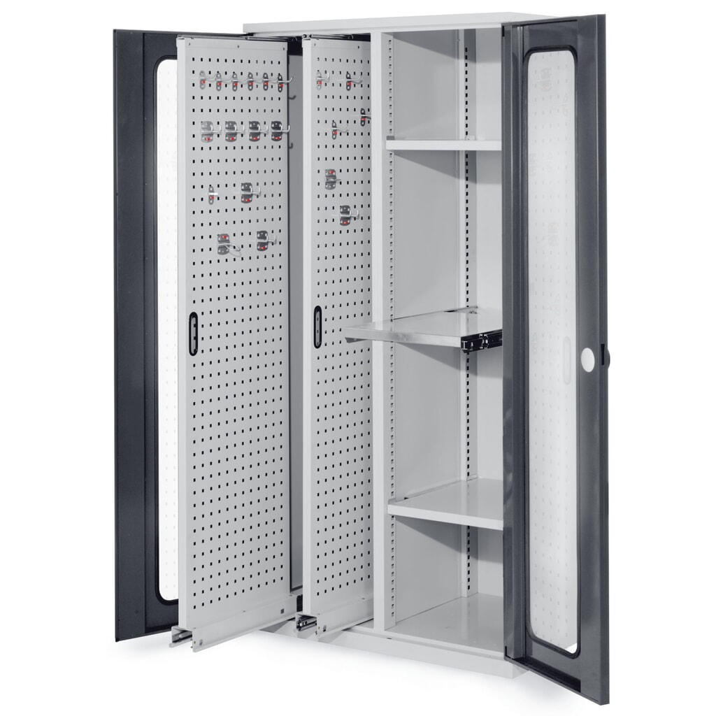 Produktabbildung Nr. 1: Kappes RasterPlan Vertikalschrank mit 2 Fachböden, HxBxT 1.950 x 1.000 x 600 mm, 2 Auszüge mit Lochplatten, Sichtfenstertür, lichtgrau, anthrazitgrau