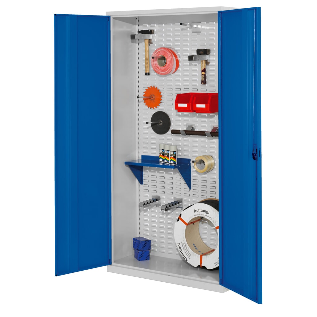 Produktabbildung: Kappes RasterPlan Werkstückschrank mit Schlitzplattenrückwand, HxBxT 1.950 x 1.000 x 410 mm, Vollblechtür, lichtgrau, enzianblau
