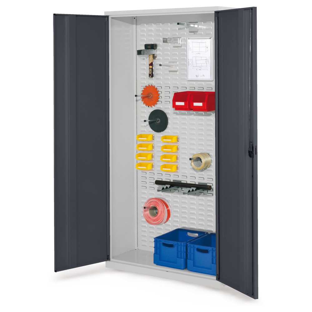 Produktabbildung: Kappes ®RasterPlan Werkstückschrank mit Schlitzplattenrückwand, HxBxT 1.950 x 1.000 x 410 mm, Vollblechtür, lichtgrau, anthrazitgrau