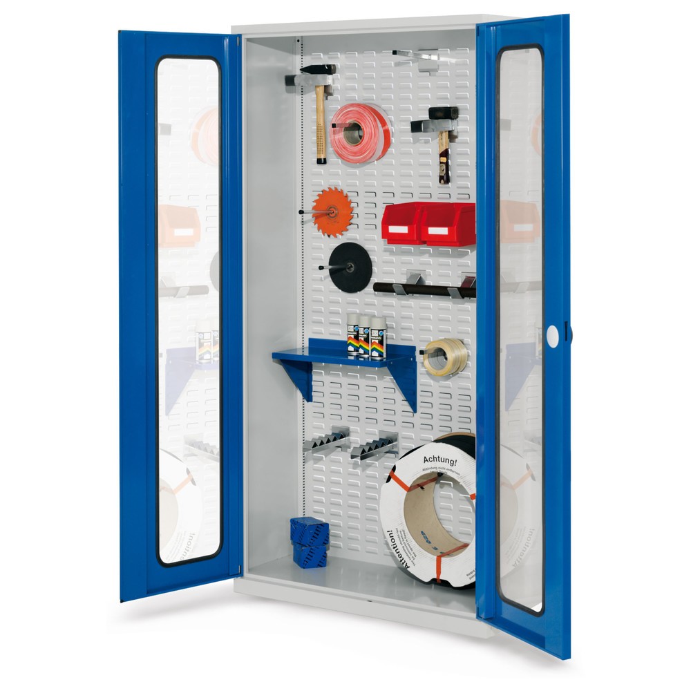 Produktabbildung Nr. 1: Kappes ®RasterPlan Werkstückschrank mit Schlitzplattenrückwand, HxBxT 1.950 x 1.000 x 410 mm, Sichtfenstertür, lichtgrau, enzianblau