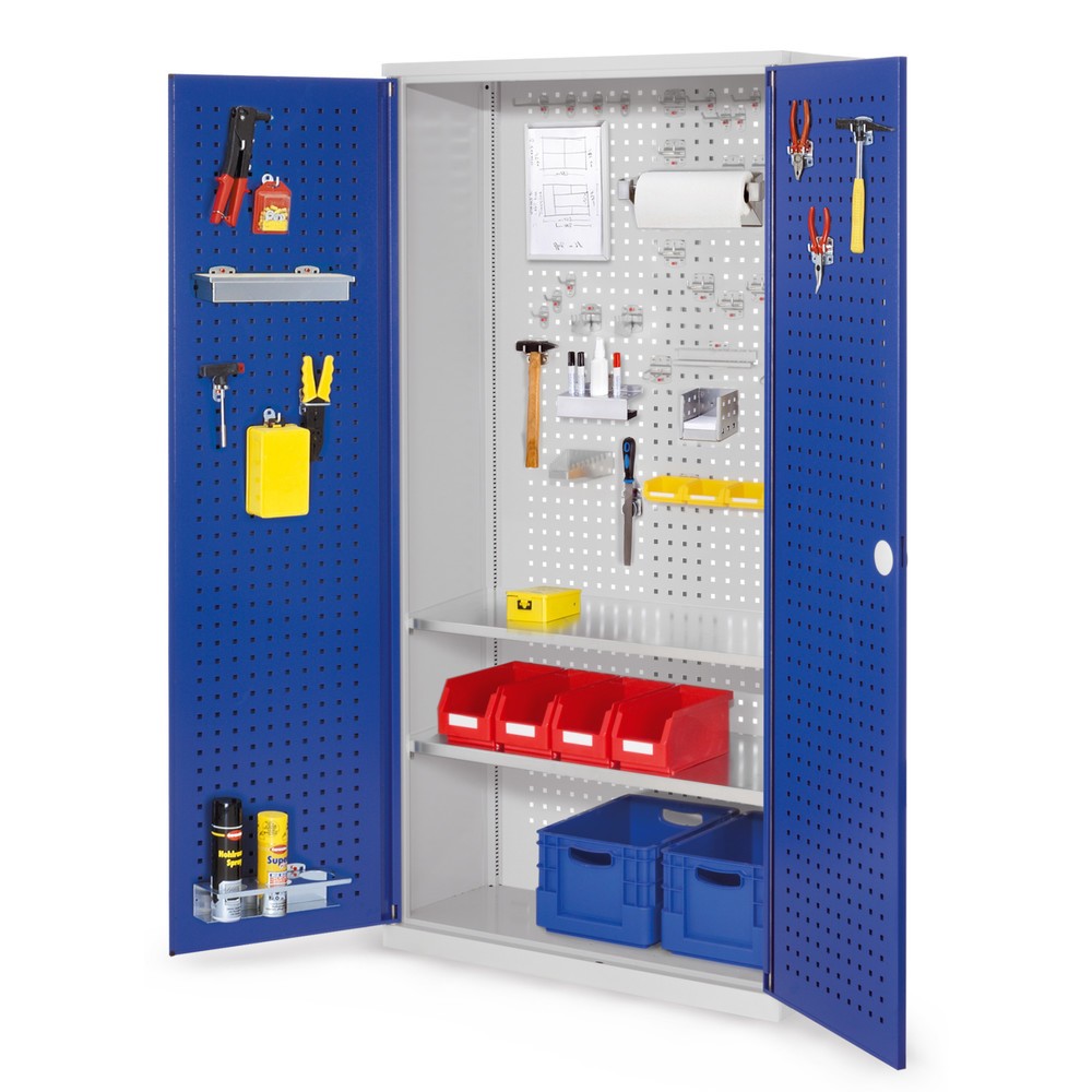 Produktabbildung: Kappes ®RasterPlan Werkzeugschrank, HxBxT 1.950 x 1.000 x 410 mm, 2 Fachböden, Türinnenseite Lochplatten, lichtgrau, enzianblau