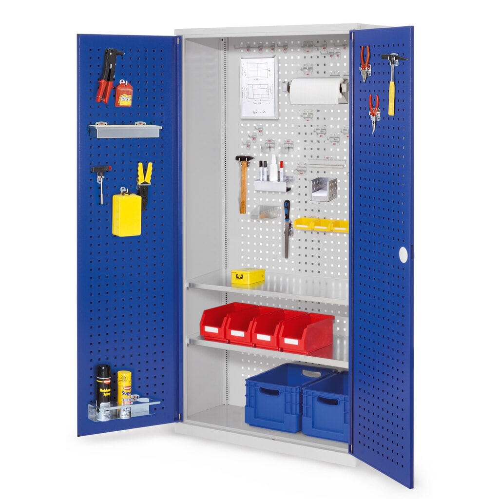 Produktabbildung: Kappes RasterPlan Werkzeugschrank, HxBxT 1.950 x 1.000 x 410 mm, 2 Fachböden, Türinnenseite Lochplatten, lichtgrau, enzianblau