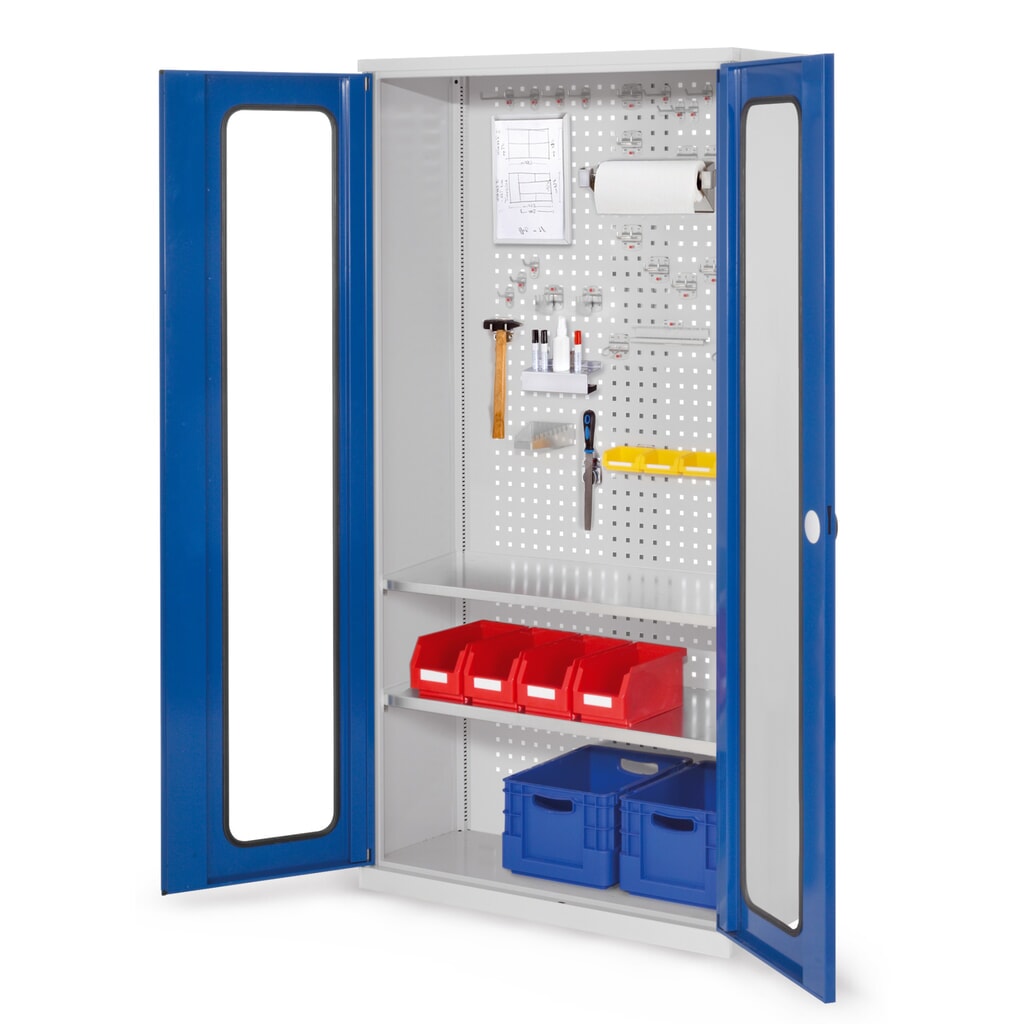 Produktabbildung: Kappes RasterPlan Werkzeugschrank, HxBxT 1.950 x 1.000 x 410 mm, 2 Fachböden, Sichtfenstertür, lichtgrau, enzianblau