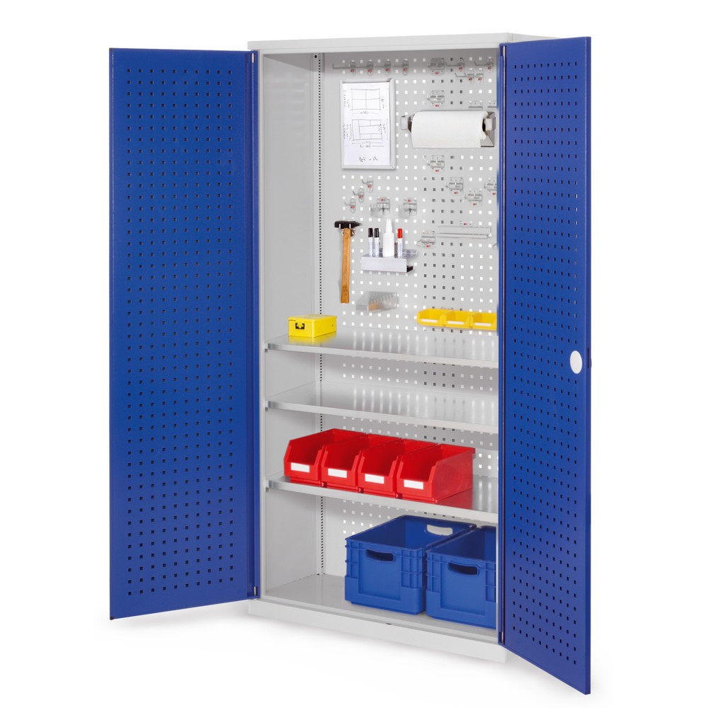 Produktabbildung: Kappes ®RasterPlan Magazinschrank, HxBxT 1.950 x 1.000 x 410 mm, 3 Fachböden, Türinnenseite Lochplatten, lichtgrau, enzianblau
