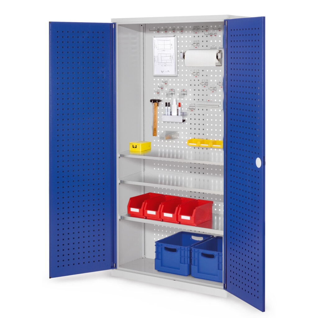 Produktabbildung: Kappes RasterPlan Magazinschrank, HxBxT 1.950 x 1.000 x 410 mm, 3 Fachböden, Türinnenseite Lochplatten, lichtgrau, enzianblau