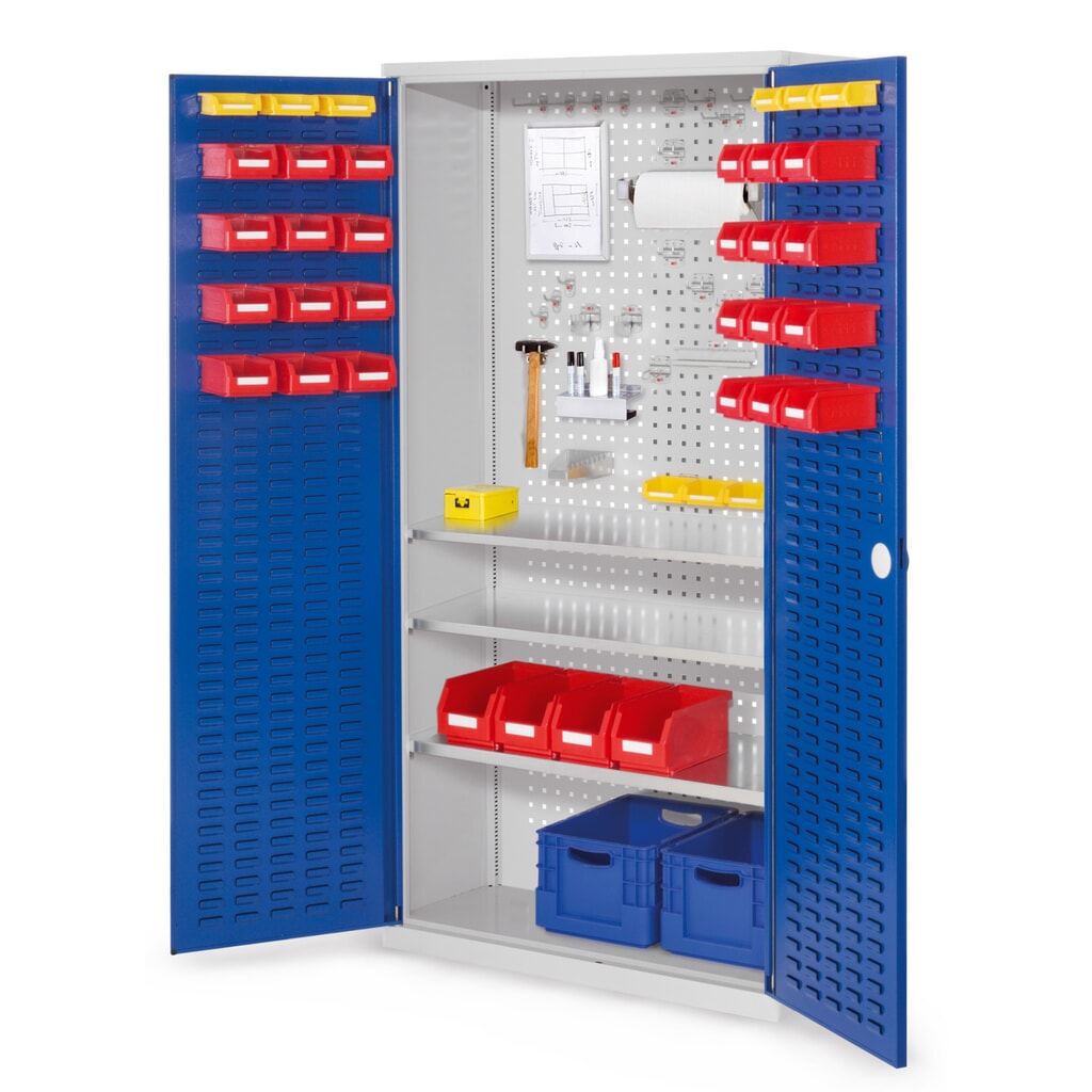 Kappes RasterPlan Magazinschrank, HxBxT 1.950 x 1.000 x 410 mm, 3 Fachböden, Türinnenseite Schlitzplatten, lichtgrau, enzianblau Produktabbildung: Kappes RasterPlan Magazinschrank, HxBxT 1.950 x 1.000 x 410 mm, 3 Fachböden, Türinnenseite Schlitzplatten, lichtgrau, enzianblau