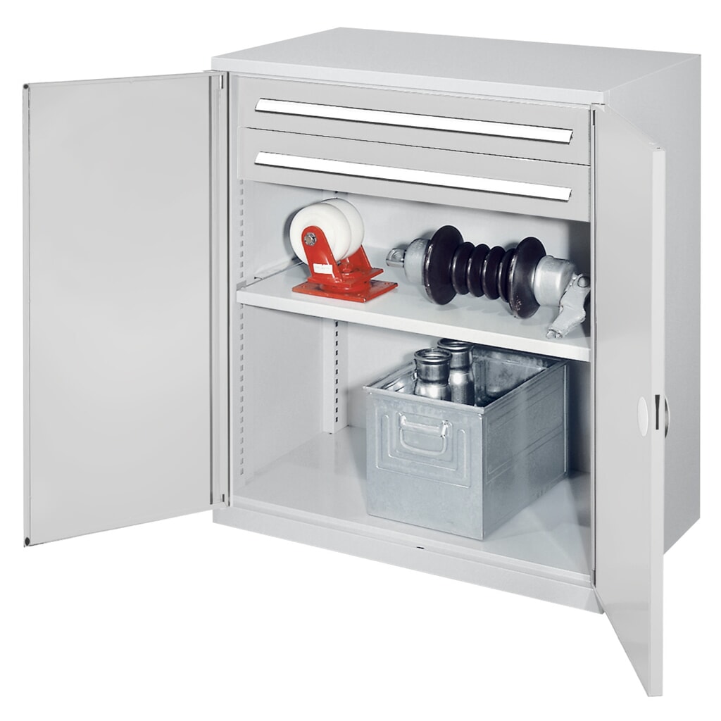 Produktabbildung: Kappes Schwerlast-Beistellschrank mit Schubladen, Doppelwandtür, HxBxT 1.110 x 1.000 x 600 mm, 1 Boden, 2 Schubladen (H 100 mm), lichtgrau