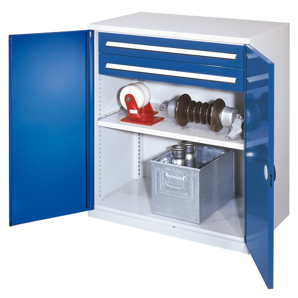 Produktabbildung: Kappes Schwerlast-Beistellschrank mit Schubladen, Doppelwandtür, HxBxT 1.110 x 1.000 x 600 mm, 1 Boden, 2 Schubladen (H 100 mm), lichtgrau, enzianblau