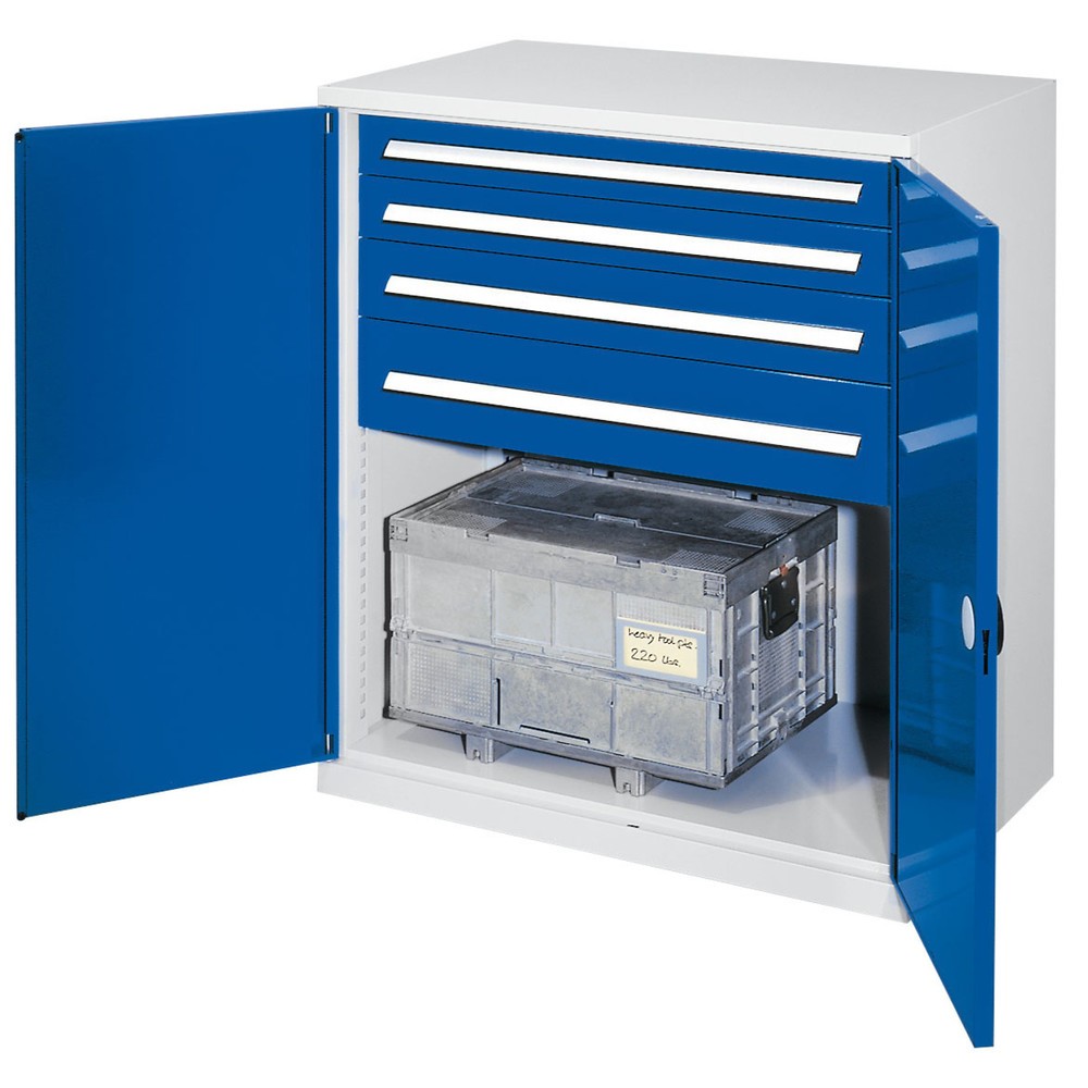 Produktabbildung: Kappes Schwerlast-Beistellschrank mit Schubladen, Doppelwandtür, HxBxT 1.110 x 1.000 x 600 mm, 4 Schubladen (H 2 x 100 mm, 1 x 125 mm, 1 x 175 mm), lichtgrau, enzianblau