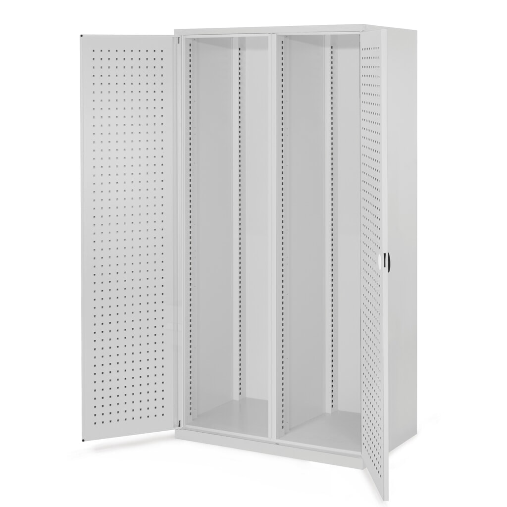 Produktabbildung: Kappes Schwerlastschrank, Leergehäuse, Mitteltrennwand, HxBxT 1.950 x 1.000 x 600 mm, Türinnenseite mit RasterPlan Lochplatten, lichtgrau