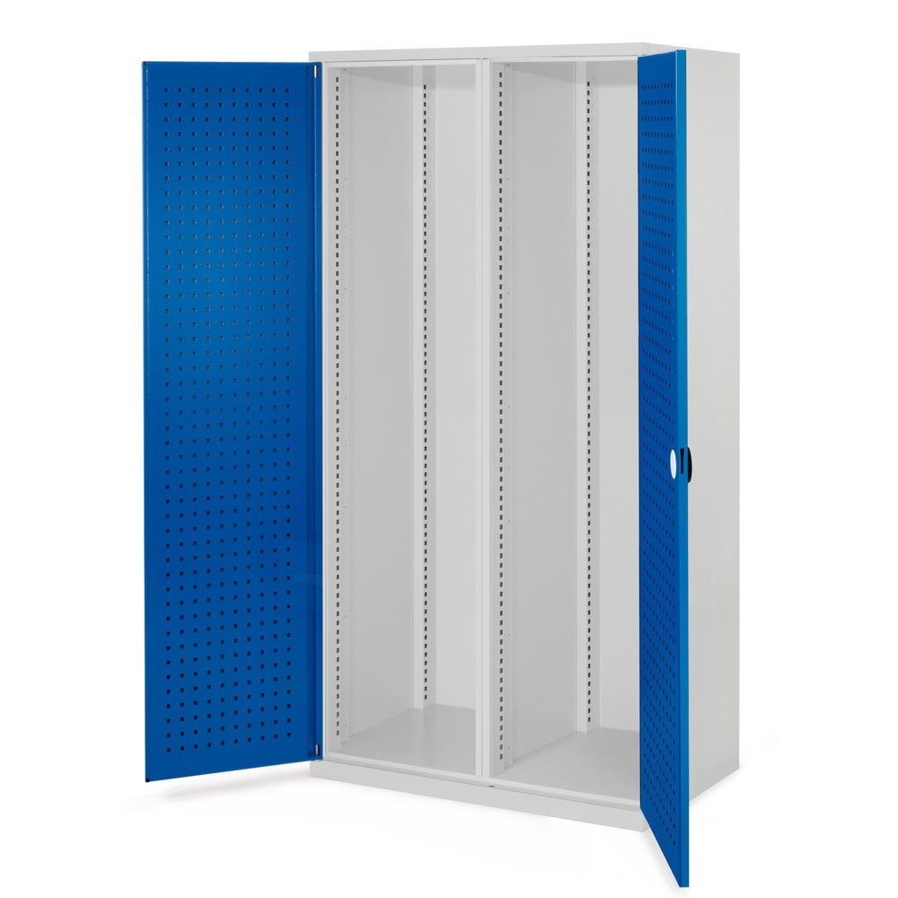 Produktabbildung: Kappes Schwerlastschrank, Leergehäuse, Mitteltrennwand, HxBxT 1.950 x 1.000 x 600 mm, Türinnenseite mit RasterPlan Lochplatten, lichtgrau, enzianblau