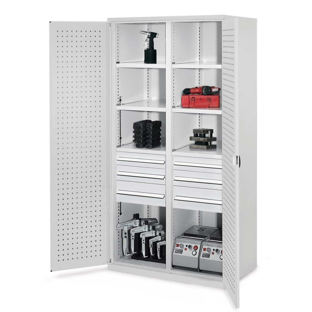 Produktabbildung: Kappes Schwerlastschrank mit Mitteltrennwand, 6 Böden, HxBxT 1.950 x 1.000 x 600 mm, 6 Schubladen, RasterPlan Lochplattentüren, lichtgrau