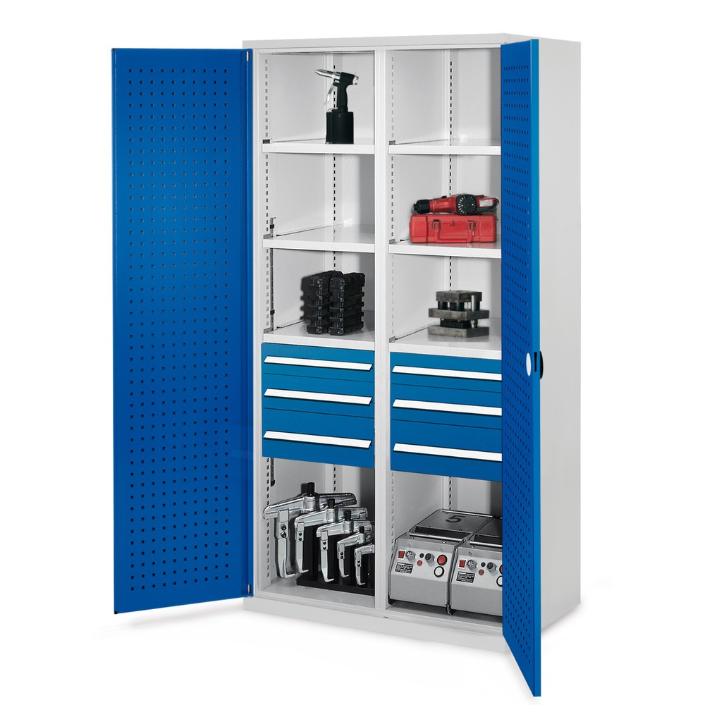 Produktabbildung: Kappes Schwerlastschrank mit Mitteltrennwand, 6 Böden, HxBxT 1.950 x 1.000 x 600 mm, 6 Schubladen, RasterPlan Lochplattentüren, lichtgrau, enzianblau
