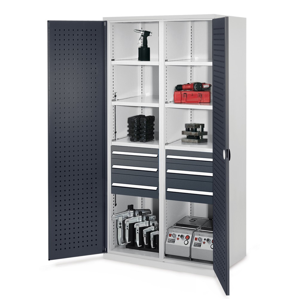 Produktabbildung: Kappes Schwerlastschrank mit Mitteltrennwand, 6 Böden, HxBxT 1.950 x 1.000 x 600 mm, 6 Schubladen, RasterPlan Lochplattentüren, lichtgrau, anthrazitgrau