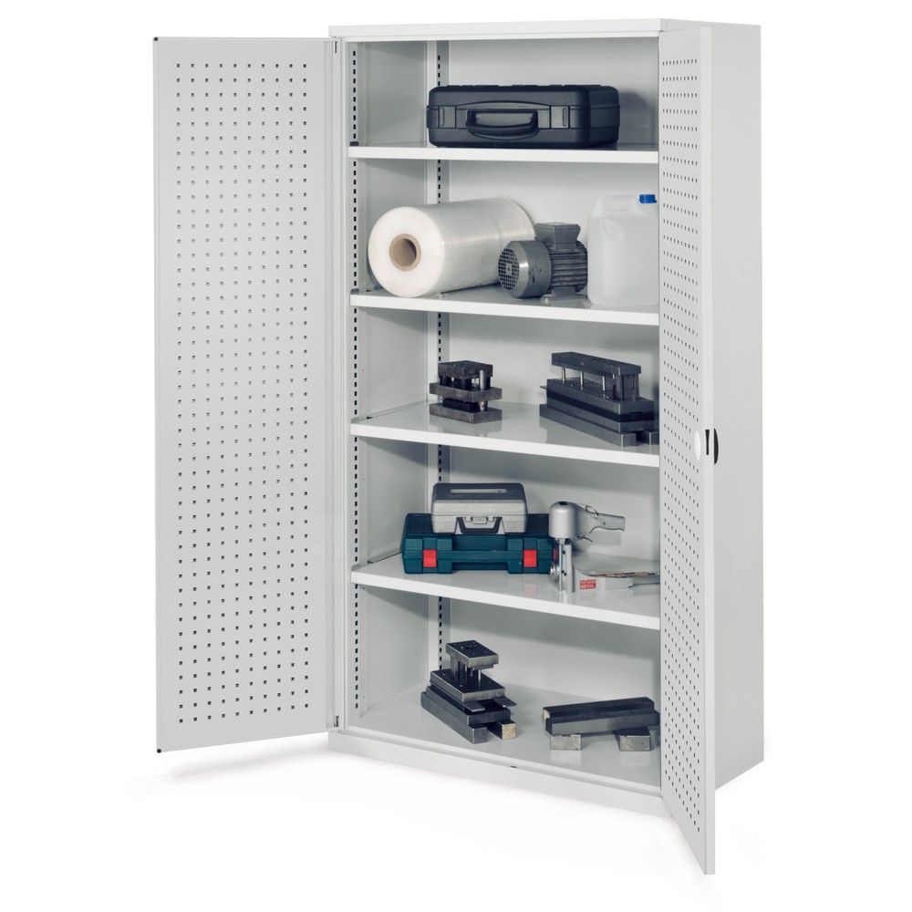 Produktabbildung: Kappes Schwerlastschrank ohne Mitteltrennwand, HxBxT 1.950 x 1.000 x 600 mm, Türinnenseite mit RasterPlan Lochplatten, 4 Böden, lichtgrau