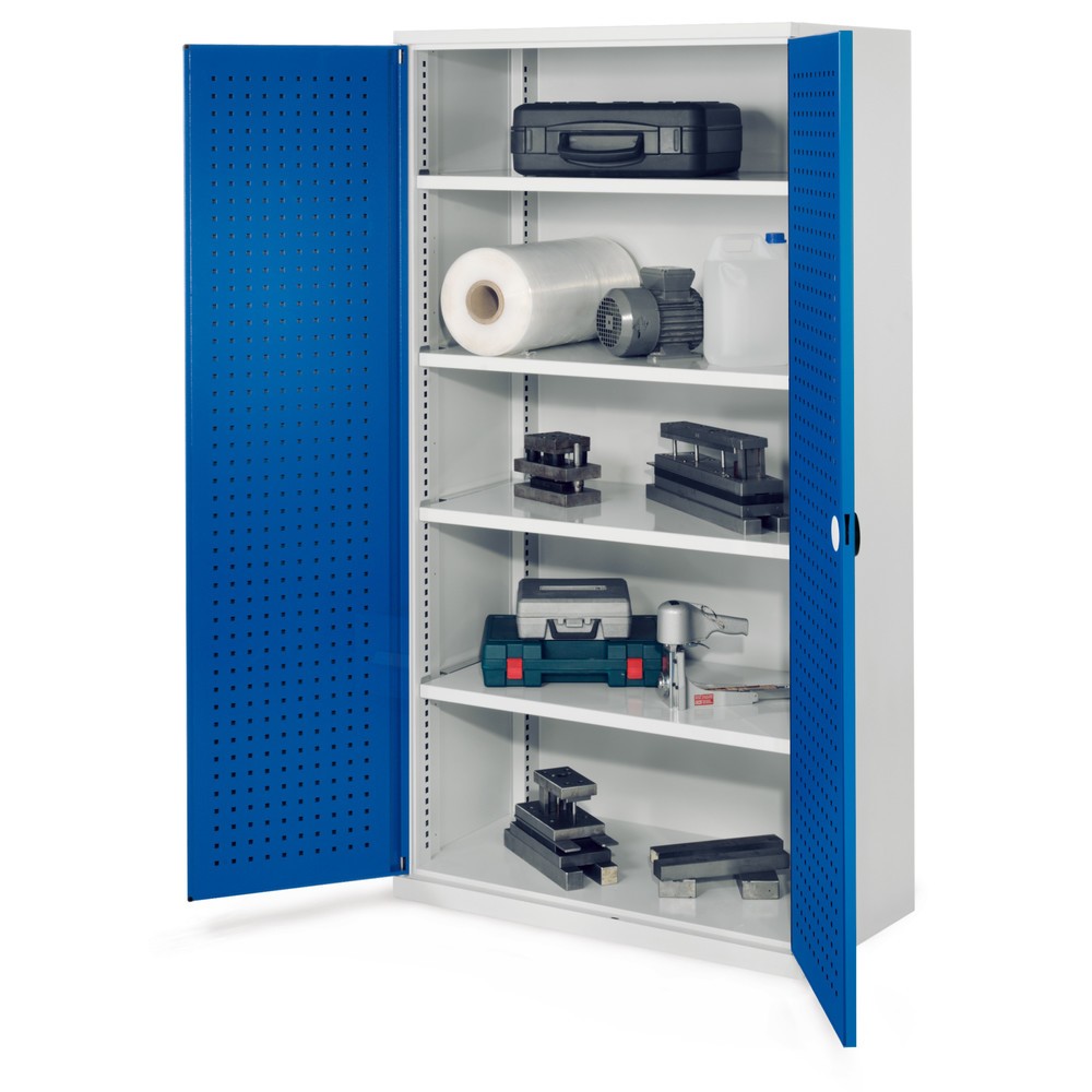 Produktabbildung: Kappes Schwerlastschrank ohne Mitteltrennwand, HxBxT 1.950 x 1.000 x 600 mm, Türinnenseite mit RasterPlan Lochplatten, 4 Böden, lichtgrau, enzianblau
