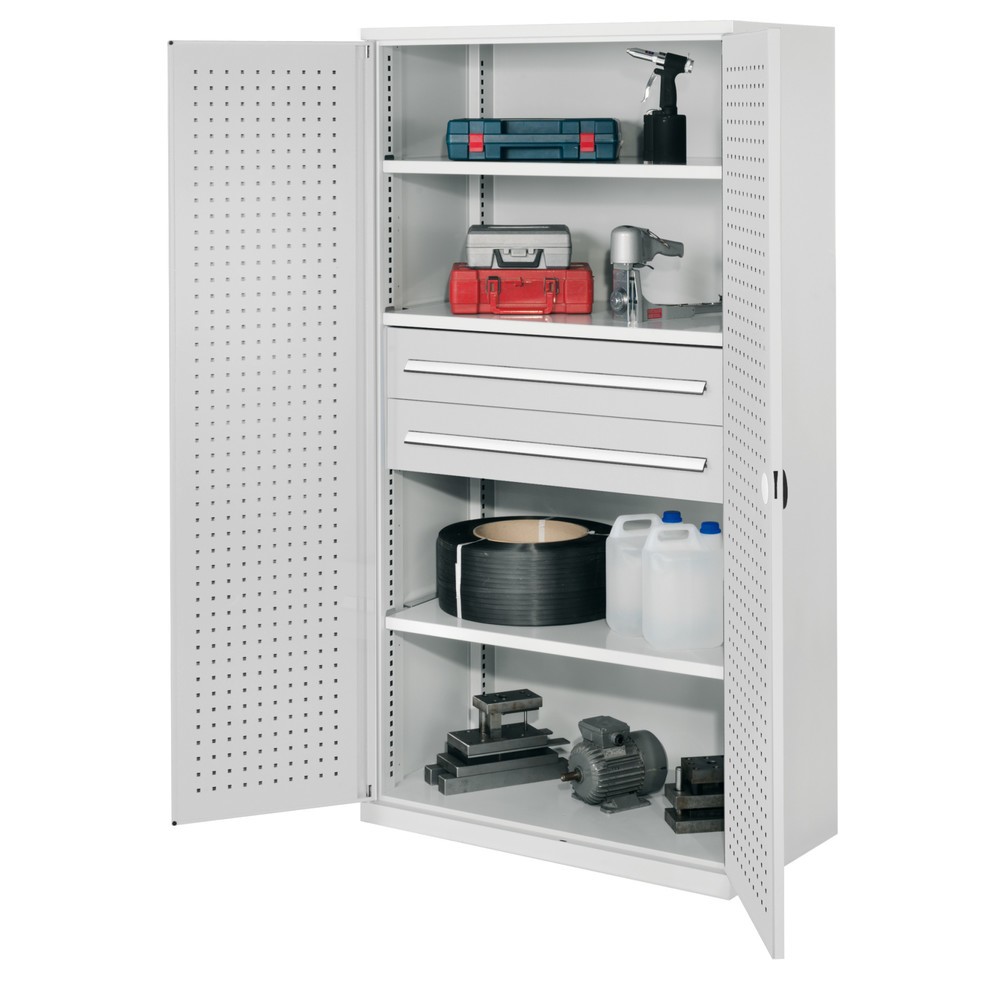 Produktabbildung: Kappes Schwerlastschrank ohne Mitteltrennwand, HxBxT 1.950 x 1.000 x 600 mm, RasterPlan Lochplattentür, 3 Böden, 2 Schubladen, lichtgrau