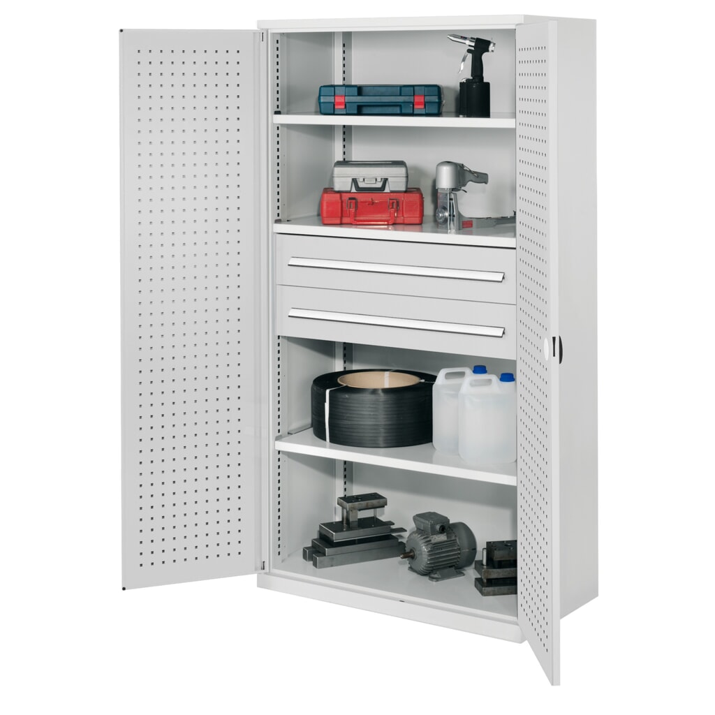Produktabbildung: Kappes Schwerlastschrank ohne Mitteltrennwand, HxBxT 1.950 x 1.000 x 600 mm, RasterPlan Lochplattentür, 3 Böden, 2 Schubladen, lichtgrau