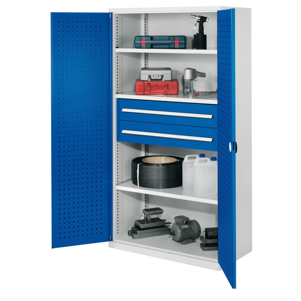 Produktabbildung: Kappes Schwerlastschrank ohne Mitteltrennwand, HxBxT 1.950 x 1.000 x 600 mm, RasterPlan Lochplattentür, 3 Böden, 2 Schubladen, lichtgrau, enzianblau