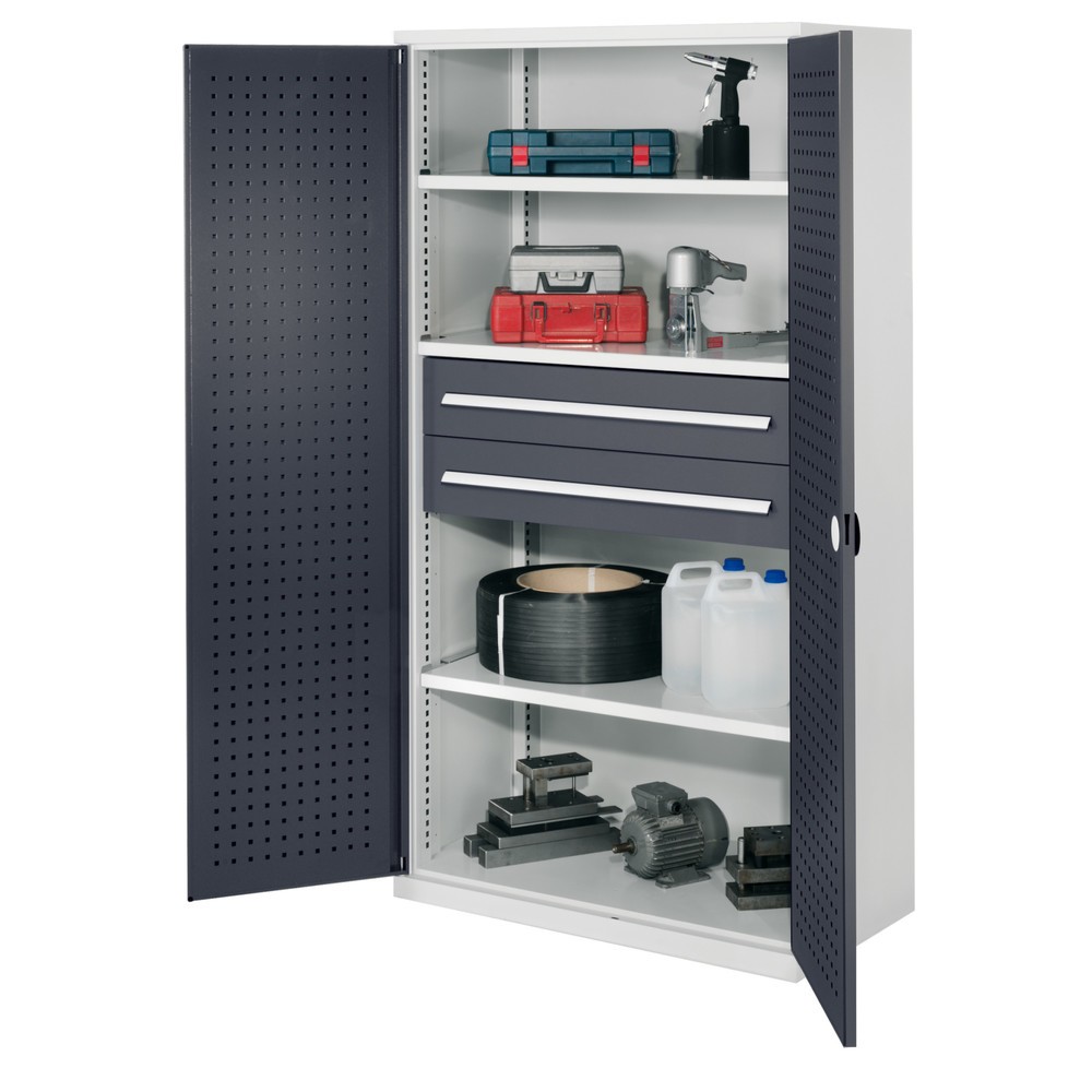 Produktabbildung: Kappes Schwerlastschrank ohne Mitteltrennwand, HxBxT 1.950 x 1.000 x 600 mm, RasterPlan Lochplattentür, 3 Böden, 2 Schubladen, lichtgrau, anthrazitgrau