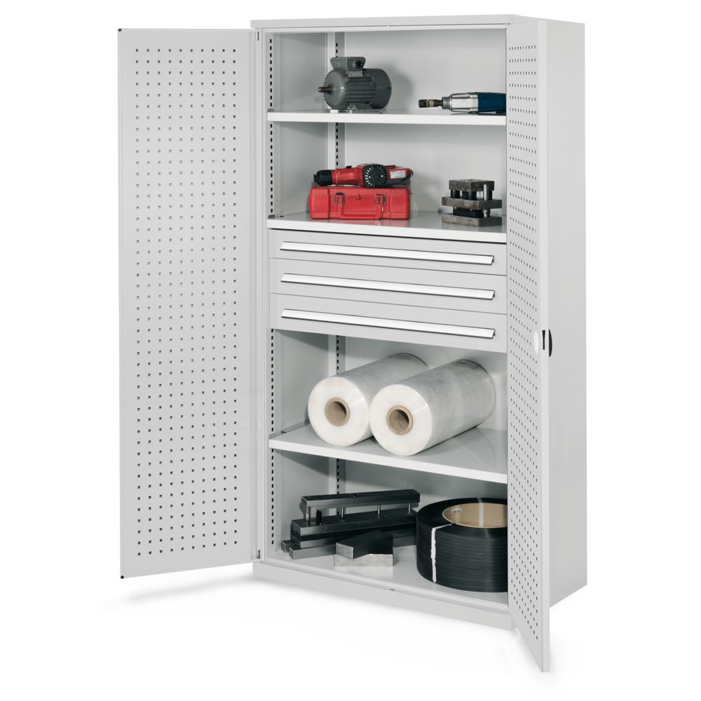 Produktabbildung: Kappes Schwerlastschrank ohne Mitteltrennwand, HxBxT 1.950 x 1.000 x 600 mm, Türinnenseite mit RasterPlan Lochplatten, 3 Böden, 3 Schubladen, lichtgrau