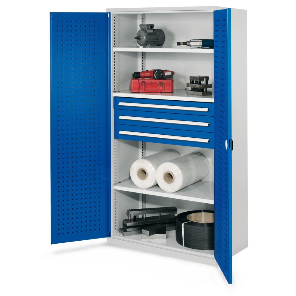 Produktabbildung: Kappes Schwerlastschrank ohne Mitteltrennwand, HxBxT 1.950 x 1.000 x 600 mm, Türinnenseite mit RasterPlan Lochplatten, 3 Böden, 3 Schubladen, lichtgrau, enzianblau